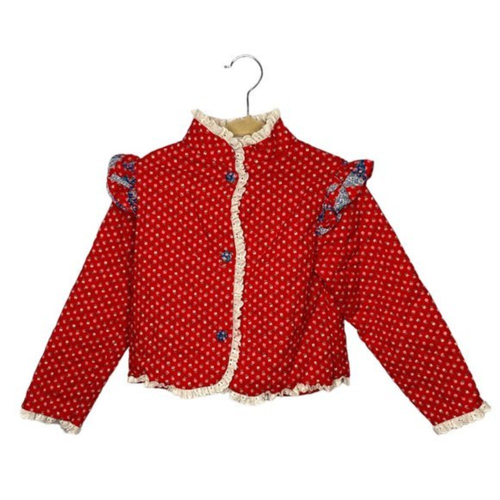 Vintage 80s 90s Doe-Spun Kids Girls 4 Red Floral Quilted Ruffle Lace‎ Jacket